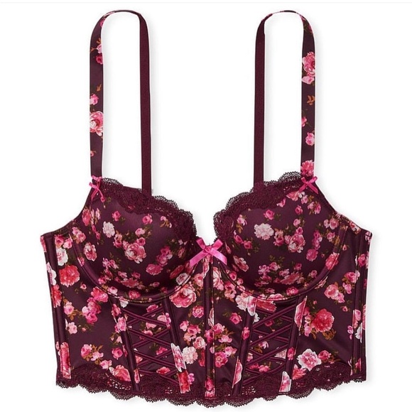 NWT Victoria’s Secret Dream Angels Burgundy Floral Lace Up Corset Bra Top Sz 32C - Picture 4 of 11